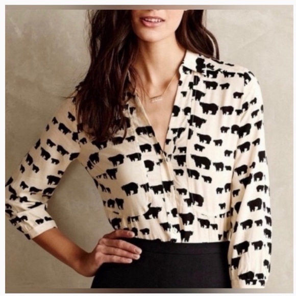 Maeve Tops - Anthropologie Maeve Woodland Walk Bear Print Button Down Blouse Shirt Women’s 0